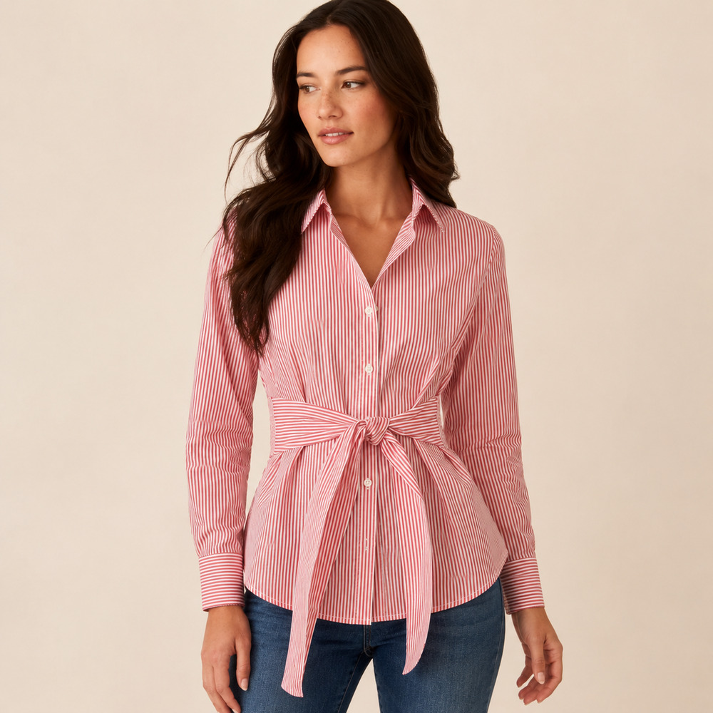 J Mclaughlin M Tie waist Button up Margaux Shirt Coral Striped Medium Feminine